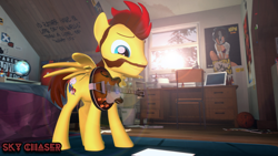 Size: 1280x720 | Tagged: safe, artist:sky chaser, oc, oc only, oc:sky chaser, species:pegasus, species:pony, 3d, beard, colored eyebrows, facial hair, guitar, male, musical instrument, smiling, solo, source filmmaker, stallion