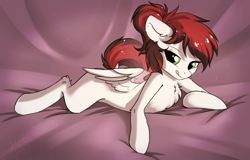 Size: 700x449 | Tagged: safe, alternate version, artist:kebchach, oc, oc only, oc:siren, species:pegasus, species:pony, bed, bedroom eyes, chest fluff, female, mare, palindrome get, tongue out