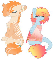 Size: 2821x3000 | Tagged: safe, artist:crazysketch101, oc, oc only, oc:crazy looncrest, oc:dusk, species:earth pony, species:pegasus, species:pony, :t, colored wings, ear piercing, earring, food, gauges, gradient hair, gradient wings, jewelry, leonine tail, piercing, popsicle, simple background, tail ring, transparent background, wings