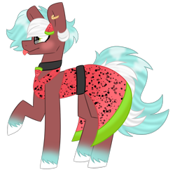 Size: 3102x3000 | Tagged: safe, artist:crazysketch101, oc, oc only, oc:loco, species:earth pony, species:pony, blep, clothing, collar, commission, dress, ear piercing, earring, female, food, gradient hooves, jewelry, piercing, simple background, solo, tongue out, transparent background, watermelon
