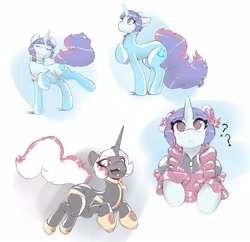 Size: 3296x3184 | Tagged: safe, artist:helixjack, oc, oc only, oc:mew, species:pony, species:unicorn, bow, clothing, confused, eyes closed, female, hair bow, hoof shoes, horn, latex, latex dress, latex socks, latex suit, mare, question mark, raised hoof, simple background, socks, unicorn oc, white background