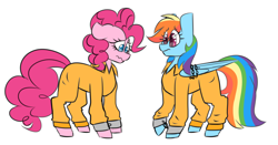 Size: 4500x2352 | Tagged: safe, artist:crazysketch101, character:pinkie pie, character:rainbow dash, species:earth pony, species:pegasus, species:pony, ship:pinkiedash, clothing, cuffs, female, lesbian, prison outfit, prisoner pp, prisoner rd, shipping