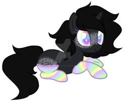 Size: 992x806 | Tagged: safe, artist:magicdarkart, base used, oc, oc only, species:pony, species:unicorn, butt freckles, clothing, deviantart watermark, female, freckles, mare, multicolored eyes, obtrusive watermark, prone, simple background, socks, solo, striped socks, transparent background, watermark