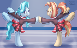 Size: 3150x1950 | Tagged: safe, artist:shad0w-galaxy, character:lighthoof, character:shimmy shake, species:earth pony, species:pony, episode:2-4-6 greaaat, clothing, cute, dancing, female, lightorable, looking at you, mare, patreon, patreon logo, pleated skirt, ponytail, shakeabetes, skirt, smiling, that was fast, underhoof