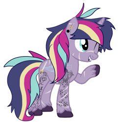 Size: 903x938 | Tagged: safe, artist:dreamybae, artist:rukemon, base used, oc, oc only, oc:starbright sword, parent:princess cadance, parent:shining armor, parents:shiningcadance, species:pony, species:unicorn, icey-verse, commission, ear piercing, earring, female, jewelry, lip piercing, mare, offspring, one eye closed, piercing, raised hoof, simple background, solo, tattoo, trans female, transgender, transparent background, unshorn fetlocks, wink