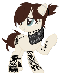 Size: 681x858 | Tagged: safe, artist:dreamybae, artist:rukemon, base used, oc, oc only, oc:tatiana (ice1517), species:earth pony, species:pony, bandana, commission, ear piercing, earring, fangs, female, jewelry, mare, piercing, raised hoof, simple background, solo, tattoo, transparent background
