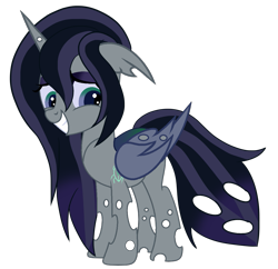 Size: 1117x1082 | Tagged: safe, artist:dreamybae, artist:rukemon, base used, oc, oc only, oc:princess black lichen, parent:queen chrysalis, parent:shining armor, parents:shining chrysalis, species:changeling, species:changepony, species:pony, icey-verse, changeling oc, commission, eyeshadow, female, grin, hybrid, interspecies offspring, makeup, mare, offspring, simple background, smiling, solo, transparent background, white changeling