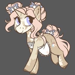 Size: 800x800 | Tagged: safe, artist:crimmharmony, oc, oc only, oc:cat scratch, species:pony, species:unicorn, apron, blushing, bow, cat, clothing, female, gray background, hair bow, looking back, mare, mottled coat, simple background, solo, tail bow, walking
