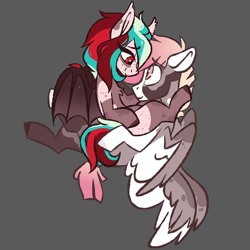 Size: 800x800 | Tagged: safe, artist:crimmharmony, oc, oc:bloodstone, oc:dazzle streak, species:bat pony, species:pegasus, species:pony, bat pony oc, bat wings, bedroom eyes, blaze (coat marking), body freckles, coat markings, colored wings, couple, double wings, ear freckles, ear tufts, female, freckles, gray background, looking at each other, male, mare, multicolored hair, multicolored wings, multiple wings, simple background, sitting, sitting on lap, socks (coat marking), spread wings, stallion, straight, wing freckles, wings