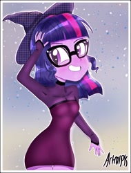 Size: 1800x2374 | Tagged: safe, artist:artmlpk, character:twilight sparkle, character:twilight sparkle (scitwi), species:eqg human, my little pony:equestria girls, alternate hairstyle, armpits, blushing, clothing, costume, cute, design, female, halloween, halloween costume, hat, holiday, looking at you, short hair, solo, twiabetes, witch costume, witch hat