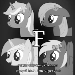 Size: 720x720 | Tagged: safe, artist:joey, edit, oc, oc only, oc:comment, oc:downvote, oc:favourite, oc:upvote, derpibooru, derpibooru ponified, black and white, f, grayscale, meta, monochrome, ponified, press f to pay respects, text