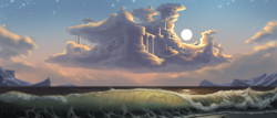 Size: 2520x1080 | Tagged: safe, artist:amarthgul, beach, city, cloud, cloudsdale, moon, no pony, ocean, scenery, scenery porn, water, wave