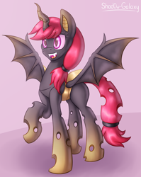 Size: 1750x2200 | Tagged: safe, artist:shad0w-galaxy, oc, oc:appletini, species:bat pony, species:changeling, bat pony oc, changeling oc, commission, happy, hybrid, open mouth, raised hoof, solo, yellow changeling