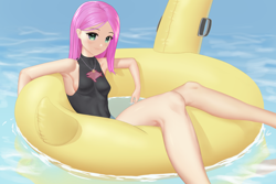 Size: 2880x1920 | Tagged: safe, artist:amarthgul, character:fluttershy, species:human, armpits, breasts, clothing, female, floating, floaty, geode of fauna, humanized, inflatable, inflatable toy, jewelry, legs, looking at you, magical geodes, necklace, pool toy, solo, summer, swimsuit, water, wet hair