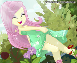 Size: 785x644 | Tagged: safe, artist:charliexe, character:fluttershy, episode:street chic, g4, my little pony: equestria girls, my little pony:equestria girls, spoiler:eqg series (season 2), :d, adorasexy, beautiful, beautisexy, clothing, crepuscular rays, cute, dawwww, dress, eyes closed, eyeshadow, female, legs, makeup, schrödinger's pantsu, sexy, shyabetes, sleeveless, solo, thighs