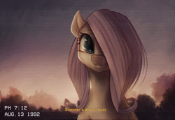 Size: 1600x1100 | Tagged: safe, artist:ventious, character:fluttershy, species:pegasus, species:pony, dialogue, female, hair over one eye, looking at you, mare, scan lines, scenery, solo, subtitles, timestamp, vhs