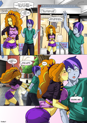 Size: 2480x3507 | Tagged: safe, artist:rambon7, character:adagio dazzle, oc, my little pony:equestria girls, adoragio, arm boob squeeze, arm grab, ass, belly button, blushing, boots, booty shorts, butt, canon x oc, clothing, comic, commission, crossed arms, cute, female, hair tie, jacket, kiss on the cheek, kissing, male, midriff, shoes, shorts, spikes, straight, surprise kiss, thigh boots, thighs, tsundagio, tsundere