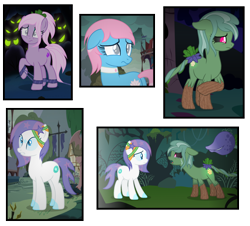 Size: 3024x2728 | Tagged: safe, artist:razorbladetheunicron, base used, character:lotus blossom, oc, oc:frozen aurora, oc:lilac, oc:lost woods, oc:prairie, parent:birch bucket, parent:limestone pie, parent:lotus blossom, parent:soarin', parents:limin', parents:lotusbucket, species:earth pony, species:pony, lateverse, augmented tail, chains, corrupted, everfree forest, evil, female, group, mare, monster pony, next generation, offspring, original species, piranha plant, piranha plant pony, ponyville
