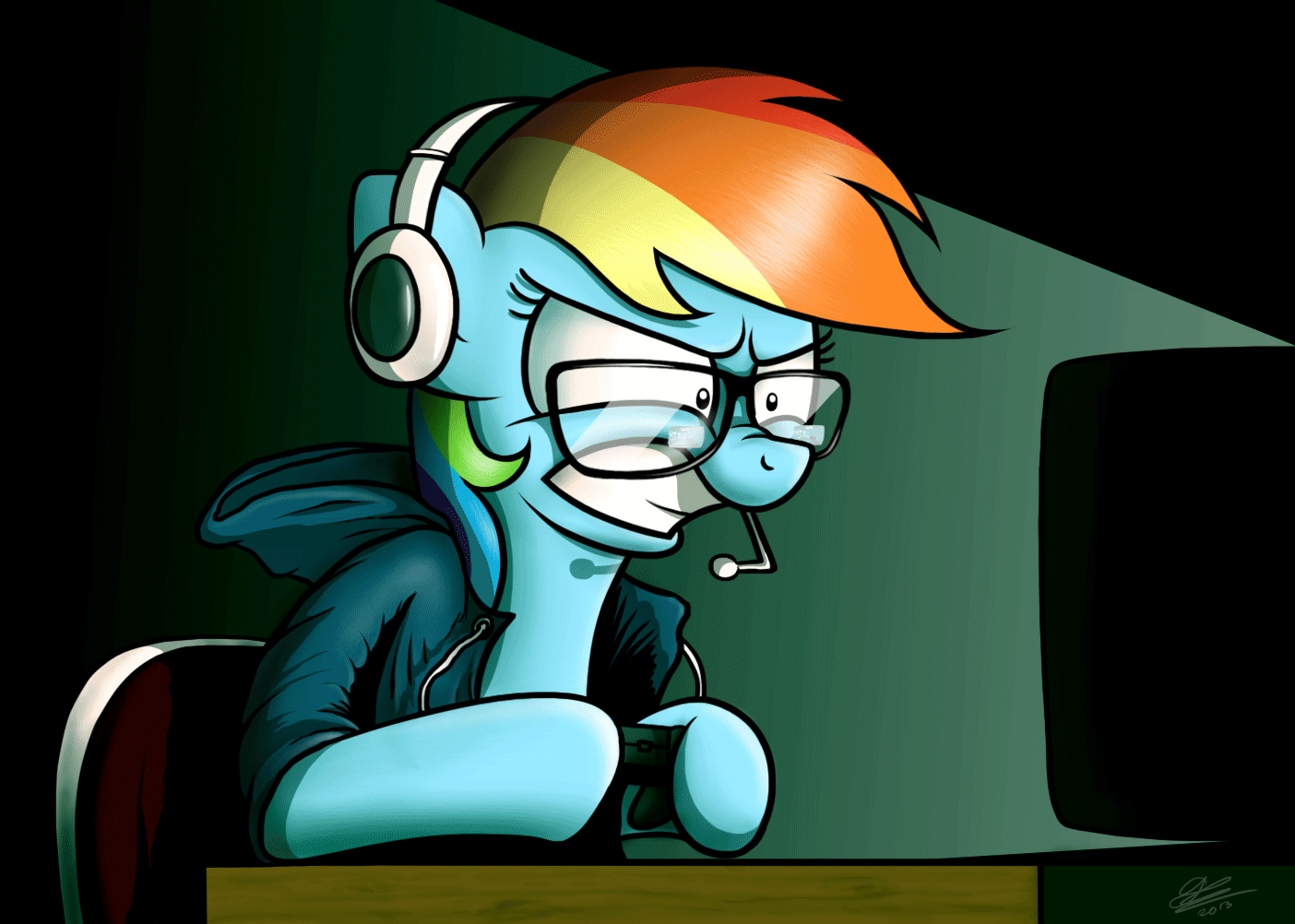 Size: 1404x1002 | Tagged: safe, artist:dori-to, character:rainbow dash, animated, clothing, controller, female, game, gamerdash, glasses, headset, hoodie, rainbow dork, solo