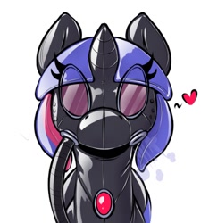 Size: 1146x1224 | Tagged: safe, artist:helixjack, oc, oc only, oc:mew, species:pony, species:unicorn, eye clipping through hair, female, gas mask, heart, horn, latex, latex suit, mare, mask, rubber drone, simple background, solo, unicorn oc, white background