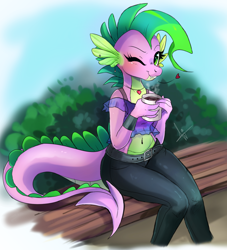 Size: 1570x1730 | Tagged: safe, artist:wilvarin-liadon, character:barb, character:spike, species:anthro, species:dragon, belly button, blushing, clothing, cropped, dragoness, fangs, female, heart, looking at you, midriff, one eye closed, rule 63, solo, wink