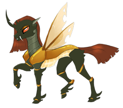 Size: 913x808 | Tagged: safe, artist:vindhov, oc, oc only, species:changeling, changeling oc, colored sclera, fangs, orange eyes, raised hoof, realistic horse legs, simple background, solo, transparent background, yellow changeling