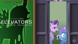 Size: 1920x1080 | Tagged: safe, artist:fuzon-s, character:queen chrysalis, character:starlight glimmer, character:trixie, species:changeling, species:pony, species:unicorn, changeling queen, collaboration, elevator, female, movie poster, scared, shadow