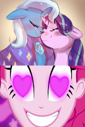 Size: 500x742 | Tagged: safe, artist:cherivinca, edit, character:pinkie pie, character:starlight glimmer, character:trixie, ship:startrix, episode:coinky-dink world, eqg summertime shorts, g4, my little pony: equestria girls, my little pony:equestria girls, female, heart eyes, lesbian, meme, pinkie the shipper, pinkie's eyes, shipping, wingding eyes