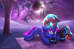 Size: 3000x2000 | Tagged: safe, artist:shad0w-galaxy, oc, oc only, species:pegasus, species:pony, species:unicorn, commission, crescent moon, female, high res, hug, lying down, mare, moon, night, night sky, picnic blanket, sky, smiling, stars, tree