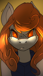 Size: 1080x1920 | Tagged: safe, artist:noben, oc, oc only, oc:ginger ale, species:earth pony, species:pony, angry, clothing, commission, earth pony oc, female, freckles, frown, glowing eyes, looking at you, solo, vest
