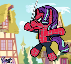 Size: 2780x2508 | Tagged: safe, artist:goatcanon, character:starlight glimmer, species:pony, species:unicorn, clothing, costume, crossover, marvel, marvel comics, raimi suit, spider-man, spider-mare, swing, swinging