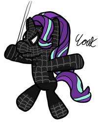 Size: 2088x2508 | Tagged: safe, alternate version, artist:goatcanon, character:starlight glimmer, species:pony, species:unicorn, clothing, costume, crossover, edgelight glimmer, emo, marvel, marvel comics, raimi suit, spider-man, spider-mare, swing, swinging
