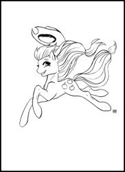 Size: 600x825 | Tagged: safe, artist:cosmicunicorn, character:applejack, species:earth pony, species:pony, female, frame, jumping, mare, monochrome, sketch, smiling, solo, windswept mane