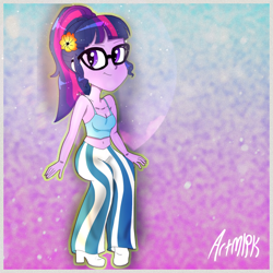 Size: 1536x1536 | Tagged: safe, artist:artmlpk, character:twilight sparkle, character:twilight sparkle (scitwi), species:eqg human, my little pony:equestria girls, aesthetics, belly button, blue underwear, boots, bra, camisole, clothing, crop top bra, cute, female, flower, shoes, solo, twiabetes, underwear