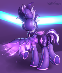 Size: 3000x3500 | Tagged: safe, artist:shad0w-galaxy, oc, oc only, oc:shadow galaxy, species:pegasus, species:pony, cyberpunk, female, high res, latex, latex suit, mare, neon, robot, robot pony, solo