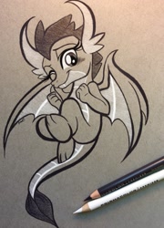 Size: 739x1024 | Tagged: safe, artist:emberslament, character:smolder, species:dragon, g4, blushing, colored pencil drawing, colored pencils, cute, fangs, female, flying, one eye closed, photo, smolderbetes, solo, thumbs up, traditional art, wink