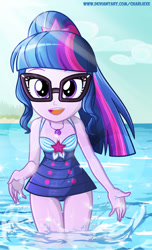 Size: 440x726 | Tagged: safe, artist:charliexe, character:twilight sparkle, character:twilight sparkle (scitwi), species:eqg human, g4, my little pony: equestria girls, my little pony:equestria girls, adorasexy, beautisexy, clothing, cute, female, geode of telekinesis, glasses, looking at you, magical geodes, open mouth, ponytail, sexy, sleeveless, solo, swimsuit, twiabetes