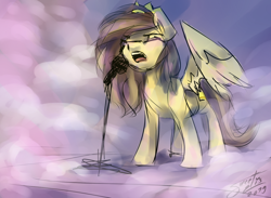 Size: 1280x939 | Tagged: safe, artist:elisdoominika, oc, oc:prince whateverer, species:pegasus, species:pony, concert, crown, eyes closed, fog, jewelry, long mane, male, microphone, musician, open mouth, pegasus oc, regalia, singing, solo, stage, stallion, standing, wings