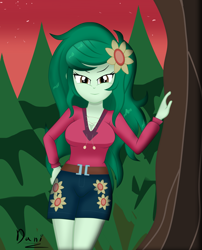 Size: 2735x3383 | Tagged: safe, artist:danielitamlp, character:wallflower blush, episode:let it rain, equestria girls:sunset's backstage pass, g4, my little pony: equestria girls, my little pony:equestria girls, spoiler:eqg series (season 2), adorasexy, breasts, busty wallflower blush, cleavage, clothing, cute, female, flower, flower in hair, flowerbetes, looking at you, music festival outfit, sexy, shorts, smiling, solo, tree