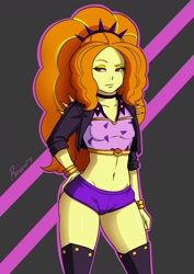Size: 1280x1811 | Tagged: safe, artist:rambon7, editor:needed, character:adagio dazzle, equestria girls:sunset's backstage pass, g4, my little pony: equestria girls, my little pony:equestria girls, spoiler:eqg series (season 2), abstract background, belly button, boots, booty shorts, bracelet, breasts, clothing, cocked hip, delicious flat chest, eyelashes, eyeshadow, female, flatdagio dazzle, hairband, hand on hip, jewelry, lidded eyes, makeup, midriff, raised eyebrow, shoes, short shirt, small breasts, solo, thigh boots, thighs, wide hips
