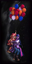 Size: 3840x7680 | Tagged: safe, artist:imafutureguitarhero, character:sunset shimmer, character:twilight sparkle, character:twilight sparkle (scitwi), species:anthro, species:eqg human, species:pony, species:unguligrade anthro, species:unicorn, ship:scitwishimmer, ship:sunsetsparkle, 3d, absurd resolution, alternate hairstyle, arm fluff, arm freckles, balloon, blushing, boots, border, cheek fluff, chromatic aberration, clothing, cloud, cloudy, colored eyebrows, cute, duo, ear fluff, female, film grain, floating, floppy ears, fluffy, freckles, fur, glasses, gloves, holding, horn, jeans, leather boots, lesbian, long hair, long mane, mare, multicolored hair, nail polish, night, nose wrinkle, pants, shipping, shoes, signature, sky, socks, source filmmaker, stars, striped socks, tank top, twiabetes, vertical, wall of tags