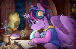 Size: 1518x982 | Tagged: safe, artist:midnightpremiere, character:owlowiscious, character:starlight glimmer, character:tree of harmony, character:twilight sparkle, character:twilight sparkle (alicorn), species:alicorn, species:pony, alternate hairstyle, ballerina, book, bookshelf, candle, clothing, female, headphones, lofi, lofi hip hop radio - beats to relax/study to, meme, parody, plant pot, ponified, ponified meme, quill, quill pen, reading, tree of harmony, window