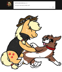 Size: 800x926 | Tagged: safe, artist:askwinonadog, character:applejack, character:winona, species:dog, ask, ask winona, bellyrubs, cute, duo, eyes closed, misleading thumbnail, simple background, smiling, tail wag, tongue out, tumblr, white background