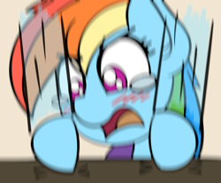 Size: 2451x2034 | Tagged: safe, artist:ashtoneer, character:rainbow dash, species:pegasus, species:pony, blurry, blushing, female, mare, meme, motion blur, motion blur meme, open mouth, reaction image, solo, table