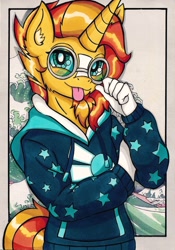 Size: 1434x2048 | Tagged: safe, artist:canvymamamoo, character:sunburst, species:anthro, species:unicorn, g4, blushing, clothing, glasses, hoodie, looking at you, male, smiling, solo, stallion, tongue out