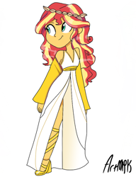Size: 1000x1300 | Tagged: safe, artist:artmlpk, character:sunset shimmer, my little pony:equestria girls, clothing, costume, cute, female, greek, shimmerbetes, simple background, solo, white background