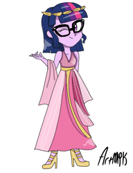 Size: 1000x1300 | Tagged: safe, artist:artmlpk, character:twilight sparkle, character:twilight sparkle (scitwi), species:eqg human, my little pony:equestria girls, cute, female, greek, high heels, one eye closed, shoes, simple background, solo, twiabetes, white background, wink