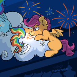 Size: 2000x2000 | Tagged: safe, artist:midnightpremiere, character:rainbow dash, character:scootaloo, species:pegasus, species:pony, cloud, dock, fireworks, on a cloud, prank, this will end in pain, this will end in tears and/or death and/or covered in tree sap