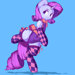 Size: 3500x3500 | Tagged: safe, artist:qweeli, character:rarity, species:pony, species:unicorn, ambiguous facial structure, blue background, bow, clothing, female, leotard, mare, semi-anthro, simple background, socks, solo, stockings, thigh highs