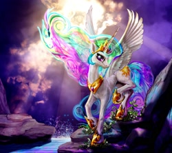Size: 2000x1778 | Tagged: safe, artist:harwick, character:princess celestia, species:alicorn, species:pony, chestplate, crepuscular rays, crown, cutie mark, ethereal mane, female, flowing mane, flowing tail, hoof shoes, jewelry, mare, multicolored hair, night, peytral, praise the sun, purple eyes, raised hoof, raised leg, regalia, rock, smiling, solo, tiara, water
